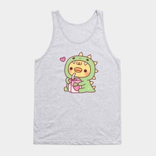 Duck In Cute Dinosaur Costume With Strawberry Milk Tank Top